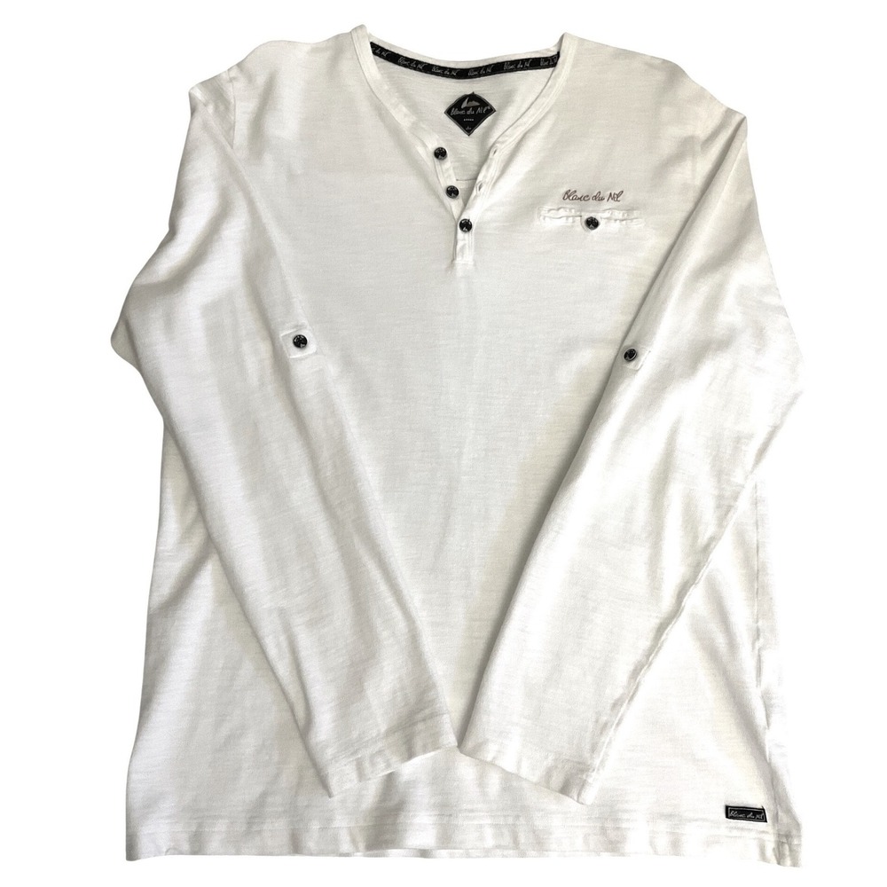 Blanc du Nil White Cotton Long Sleeve Henley Shirt Convertible Roll Tab Sleeves